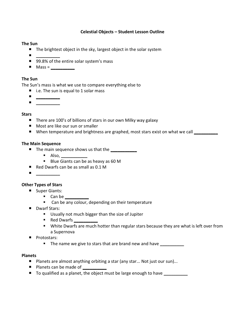 Celestial Objects - Entities in Space - Student Lesson Outline