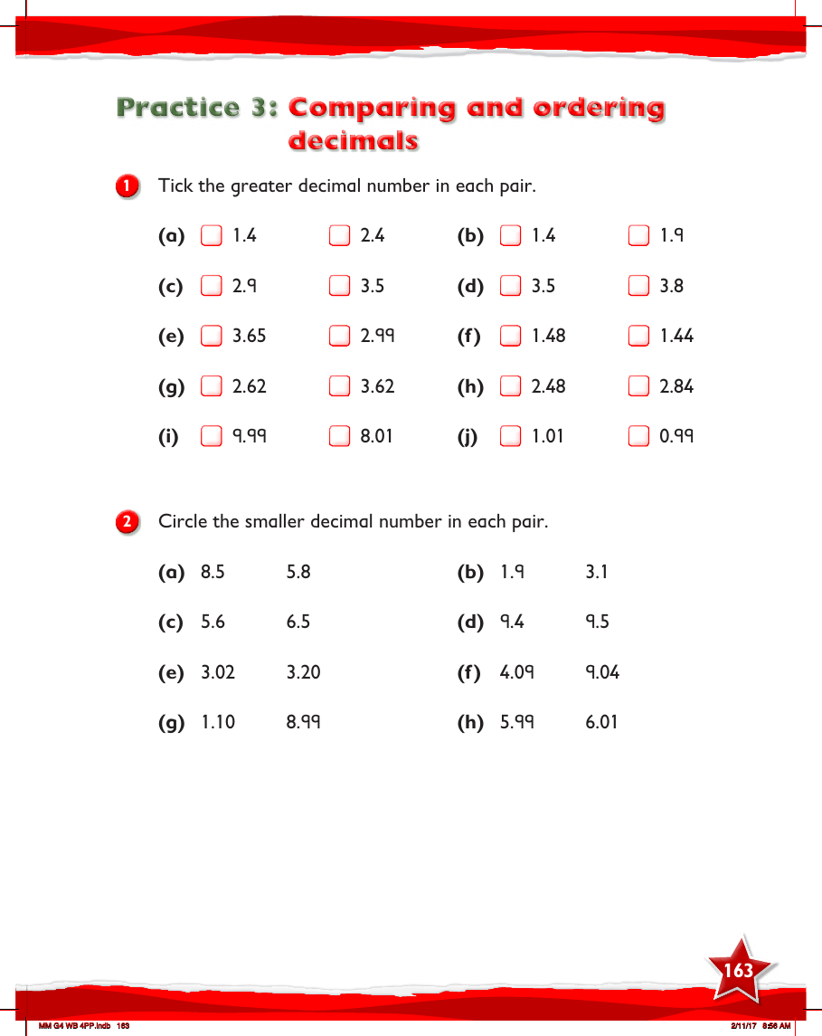Max Maths, Year 4, Work Book, Comparing and ordering decimals