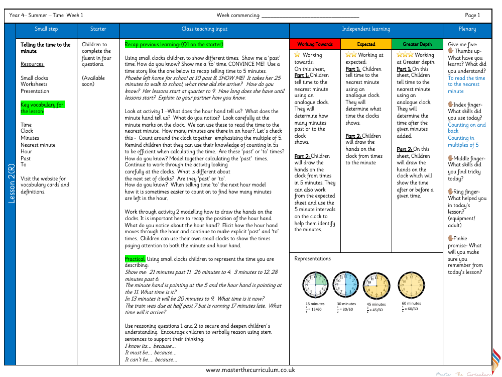 Time - Telling the Time to the Minute - Planning