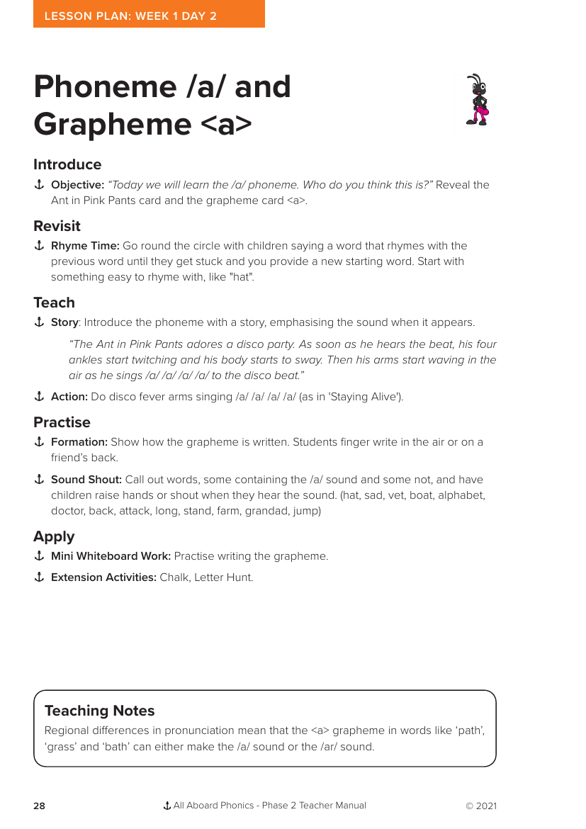 Week 1, lesson 2 Phoneme "a" Grapheme "a" - Phonics Phase 2 - Lesson Plan