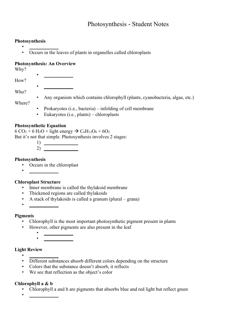 Photosynthesis - Student Lesson Outline