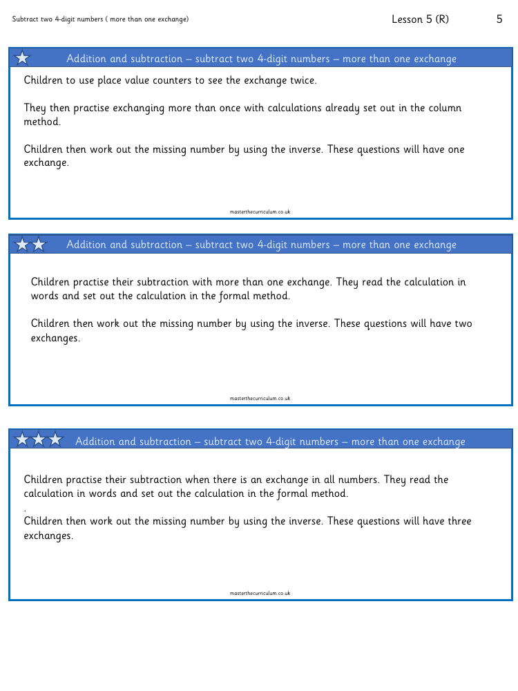 Addition and Subtraction - Subtract two 4-digit numbers ( more than one exchange - Worksheet