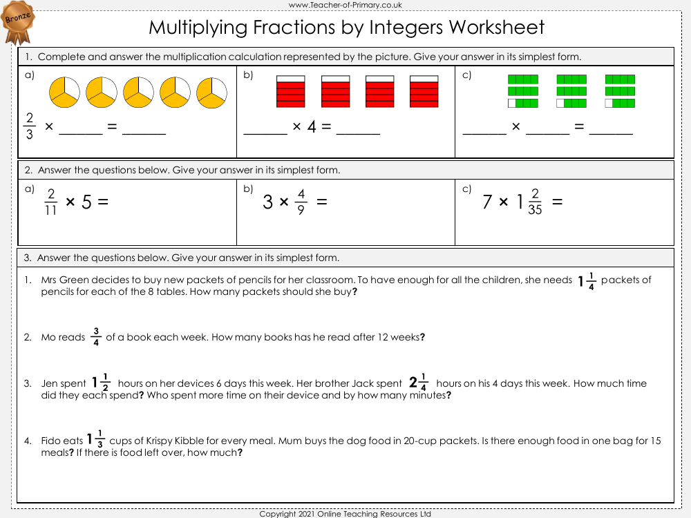 Multiplying Fractions and Mixed Numbers by Integers - Worksheet