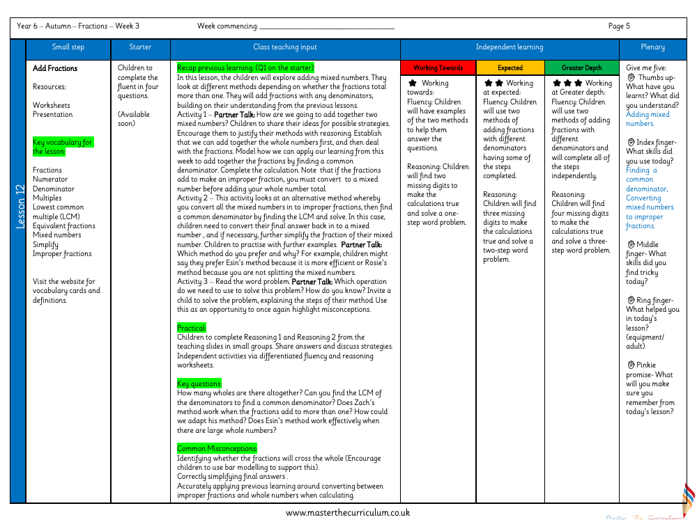 Fractions - Add Fractions - Planning