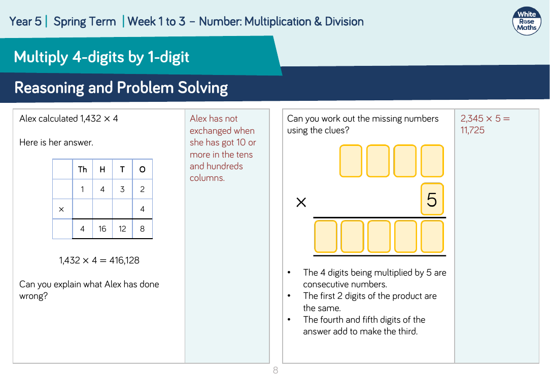 Multiply 4-digits by 1-digit: Reasoning and Problem Solving