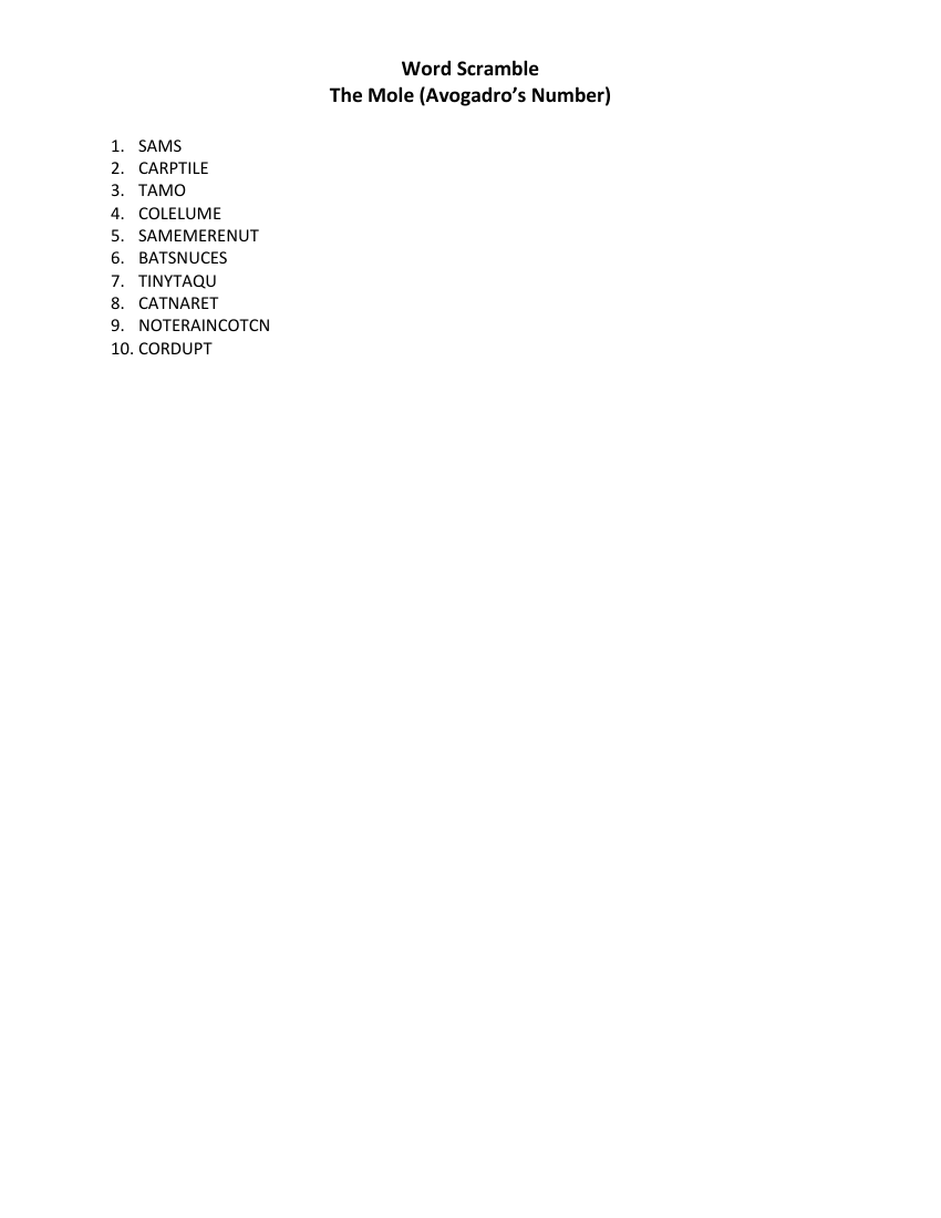 The Mole and Avogadro's Number - Word Scramble