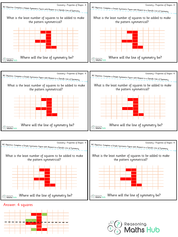 Complete a simple symmetric figure with respect to a specific line of symmetry 5 - Reasoning