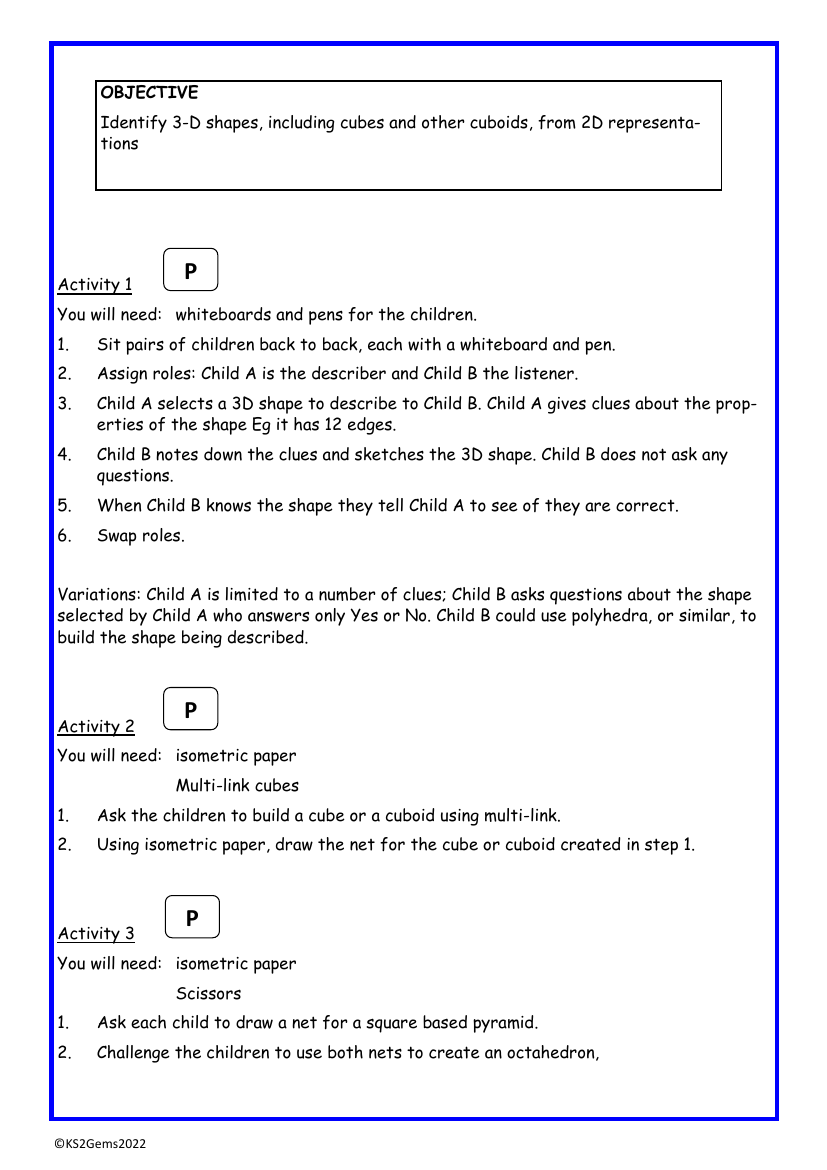 3D Shapes from 2D representations worksheet