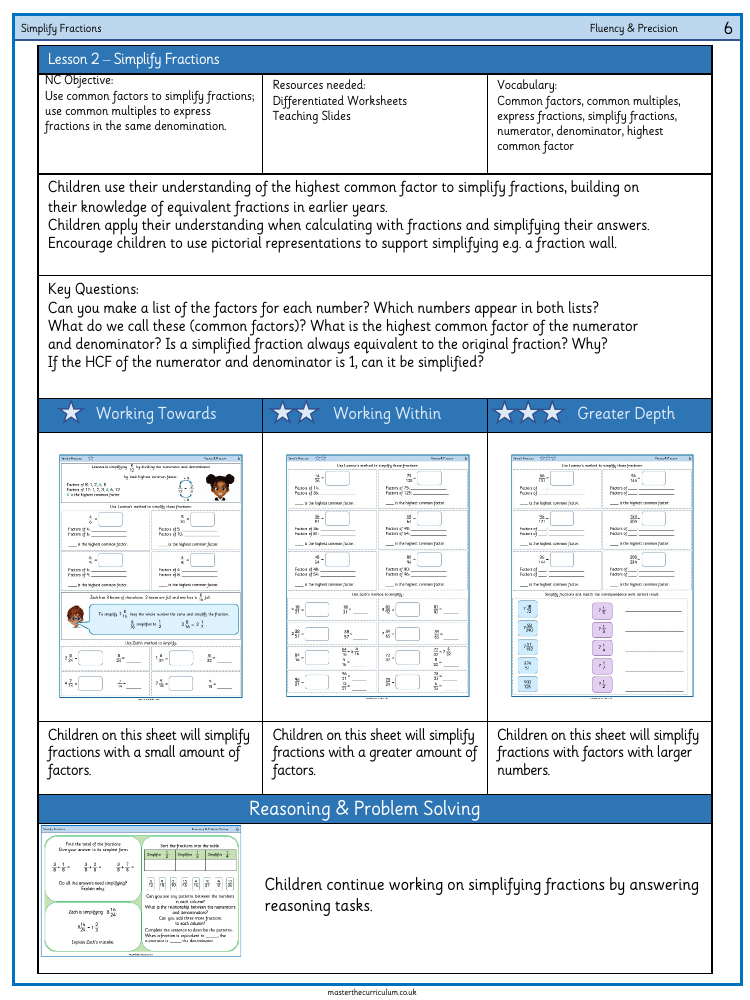 Fractions - Simplify Fractions - Worksheet