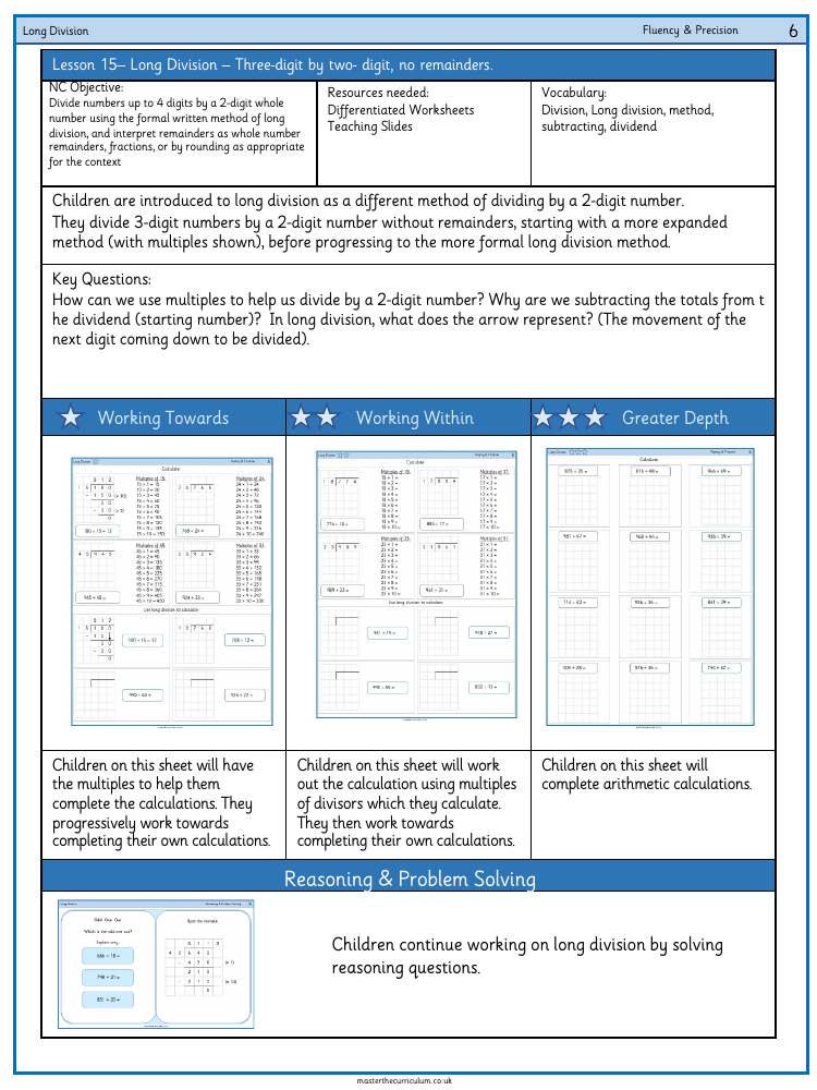 Addition, Subtraction, Multiplication and Division - Long division - 3-digits by 2-digits  (no remainders) - Worksheet