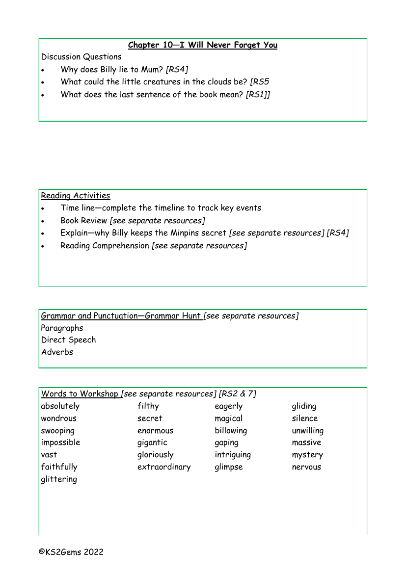 Billy and the Minpins - Chapter 10 - Worksheet