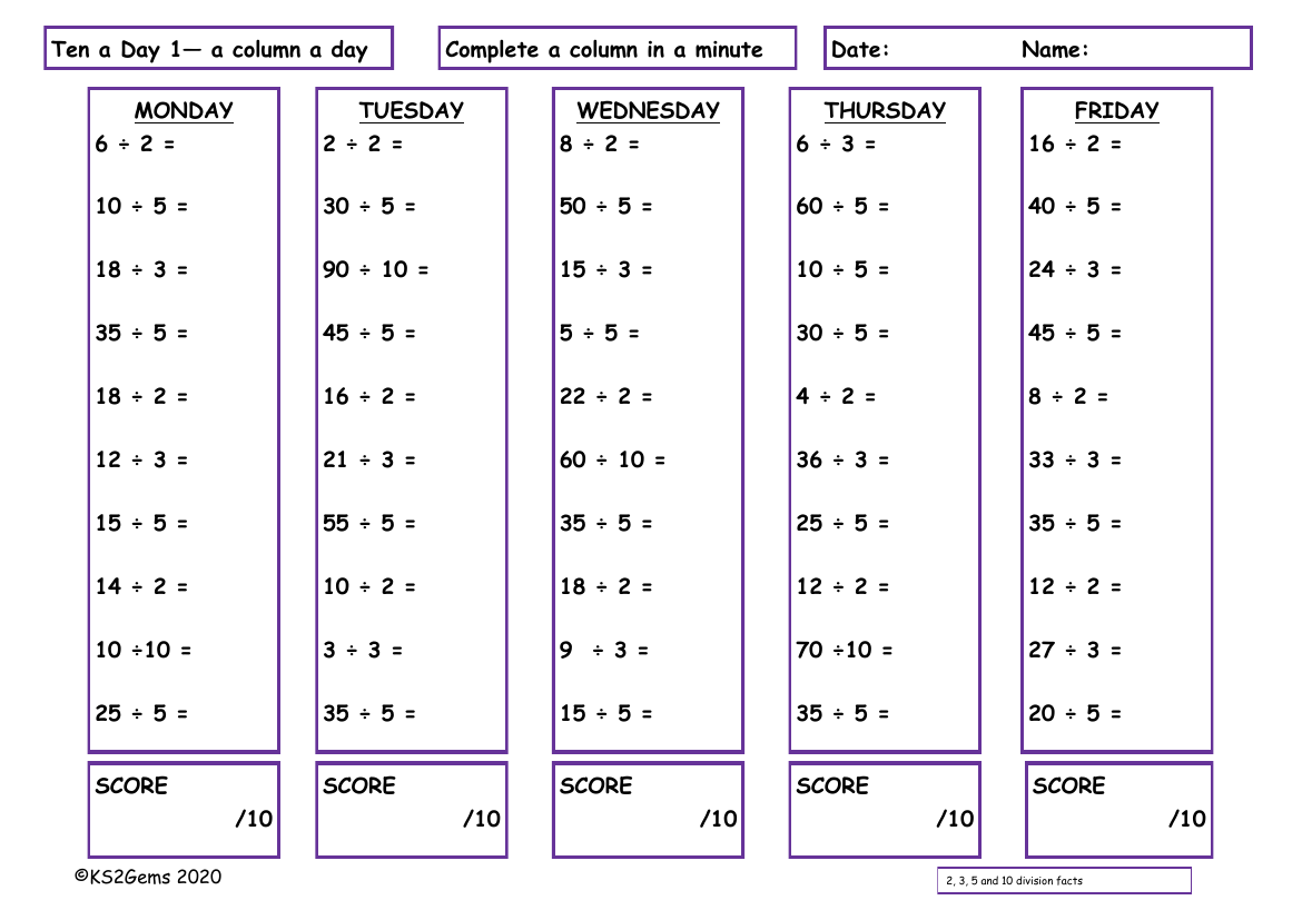 Ten a Day 2, 3, 5, & 10 Division Facts