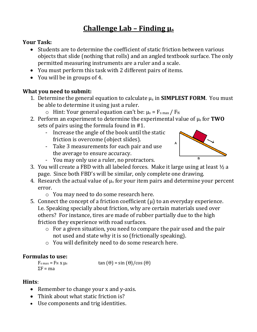 Friction - Challenge Lab Activity Instructions