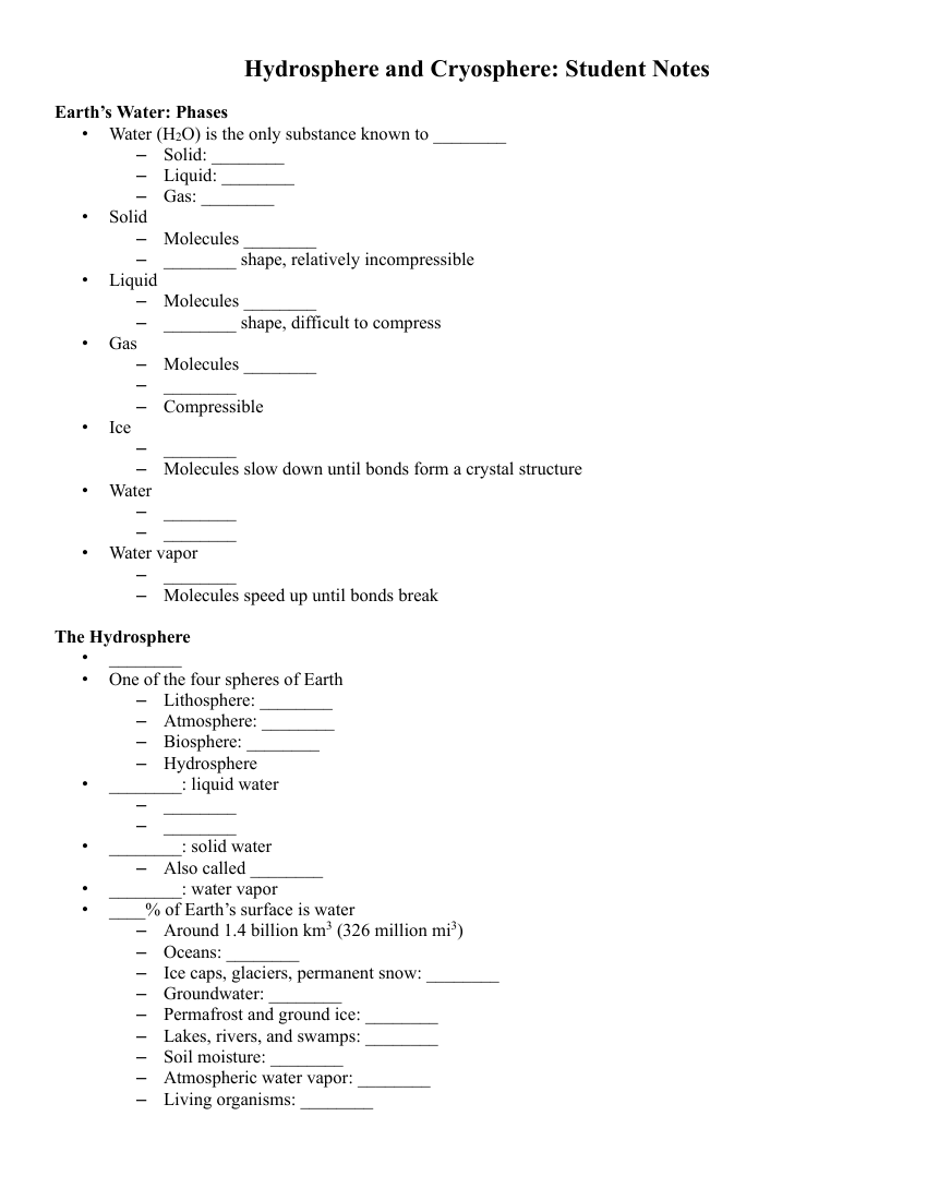 Hydrosphere and Cryosphere - Student Lesson Outline