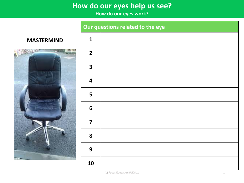 Our question related to the eye - Worksheet - Year 6