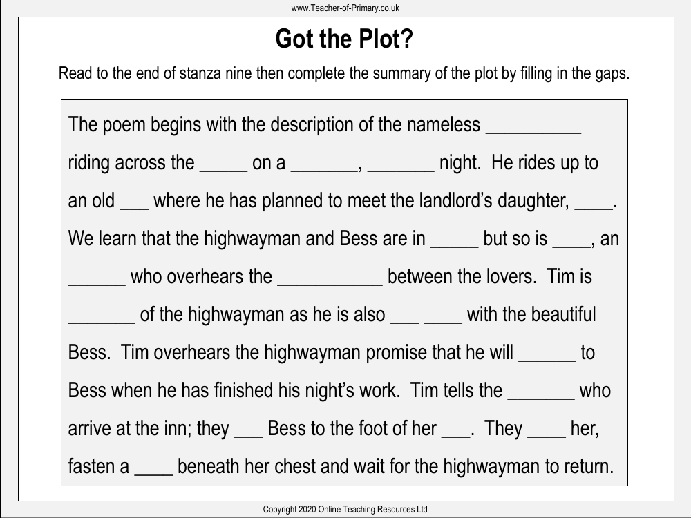 The Highwayman - Lesson 6 - Got the Plot Worksheet