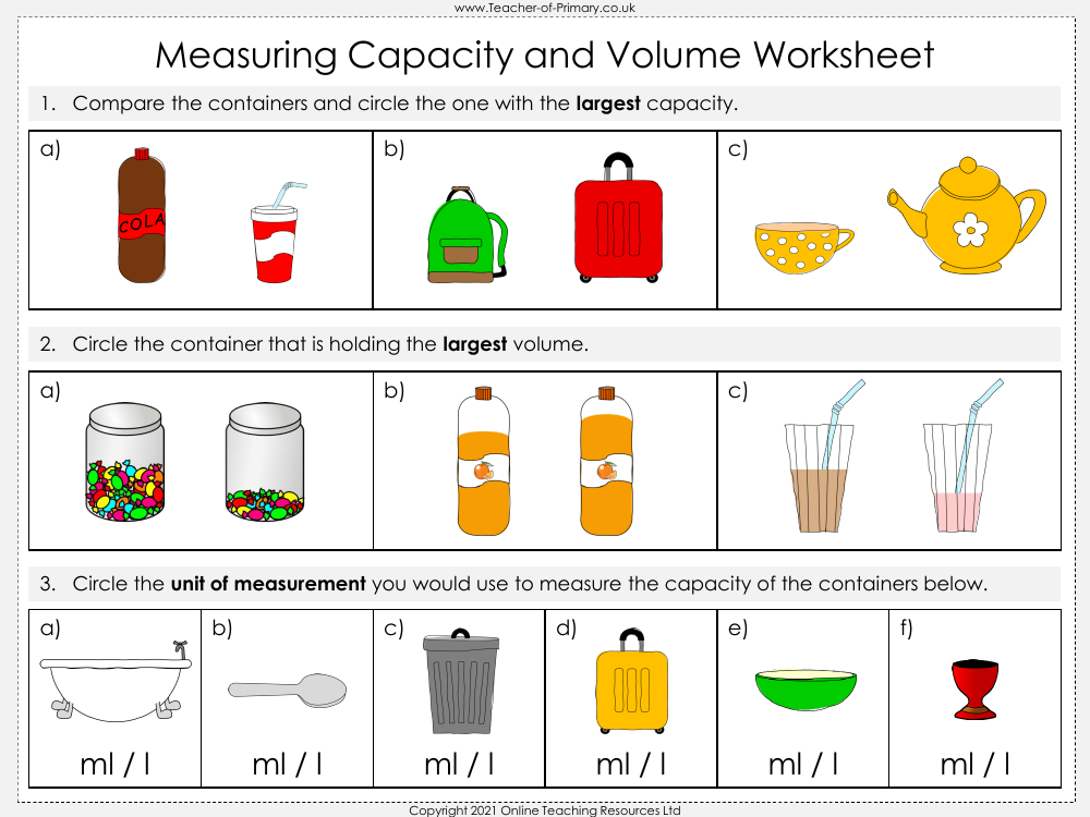 Measuring Capacity and Volume - Worksheet