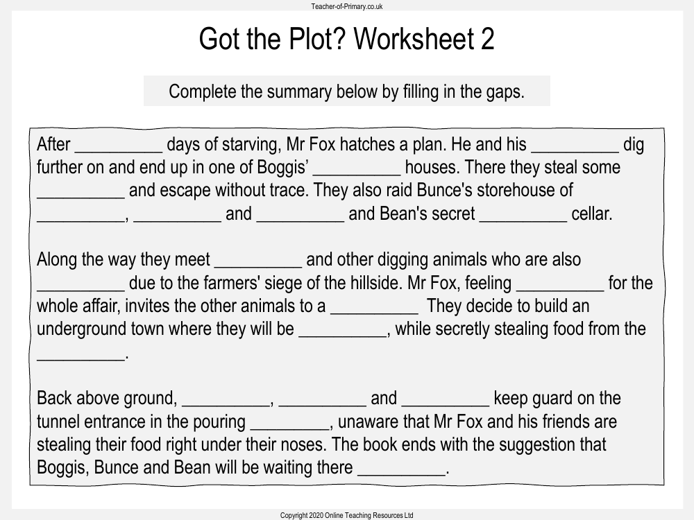 Fantastic Mr Fox - Lesson 11 - Got the Plot Worksheet 2