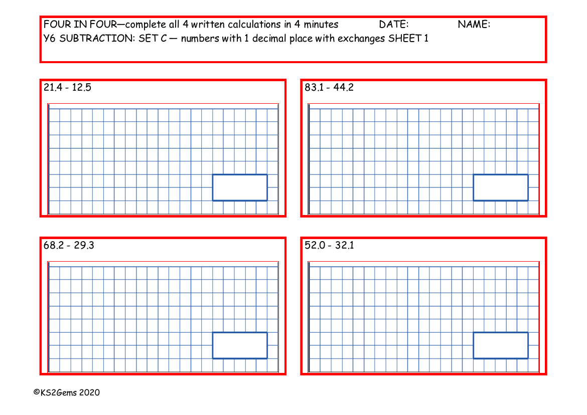 Four in Four - Subtraction Set C - numbers with 1 decimal place with exchanges