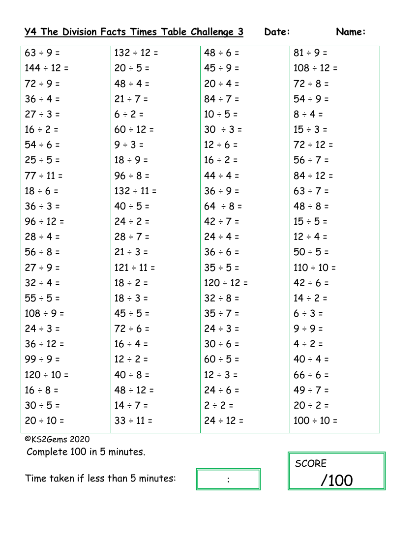 The Division Facts Times Table Challenge 3 Objectives