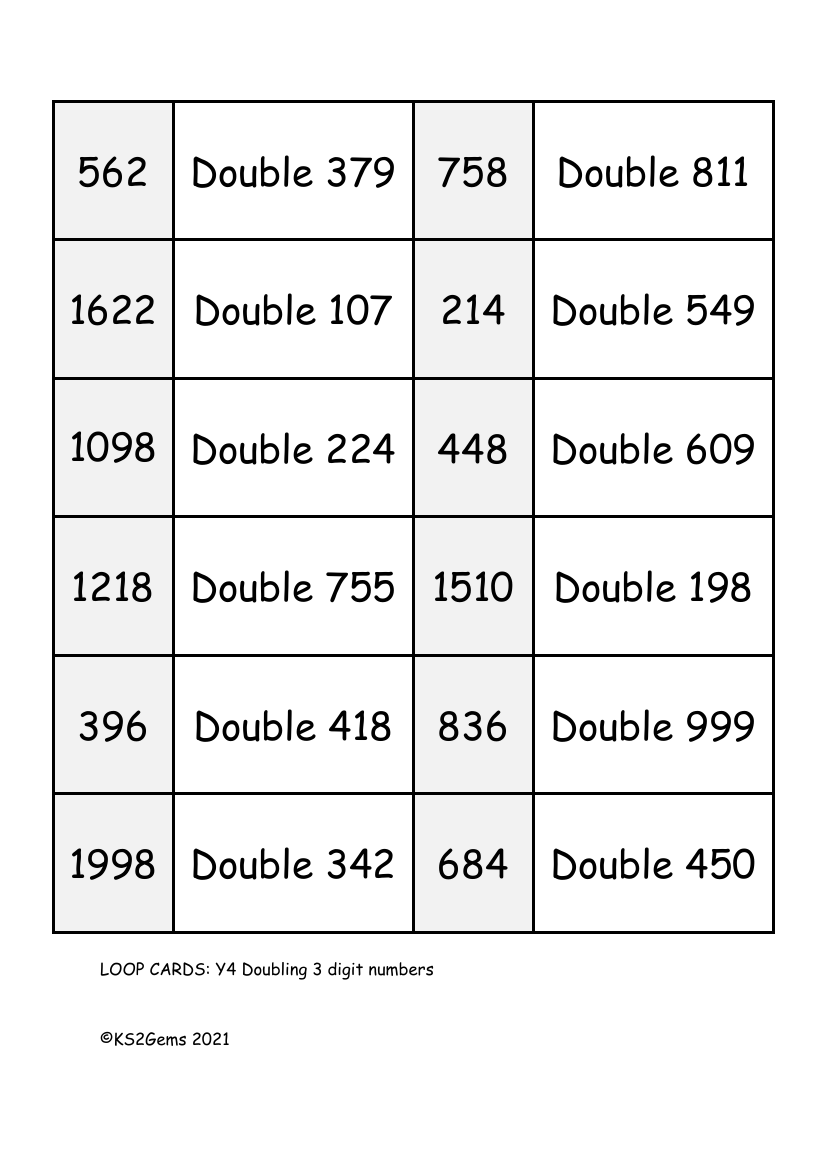 Loop Card Game - Doubling 3 digit numbers