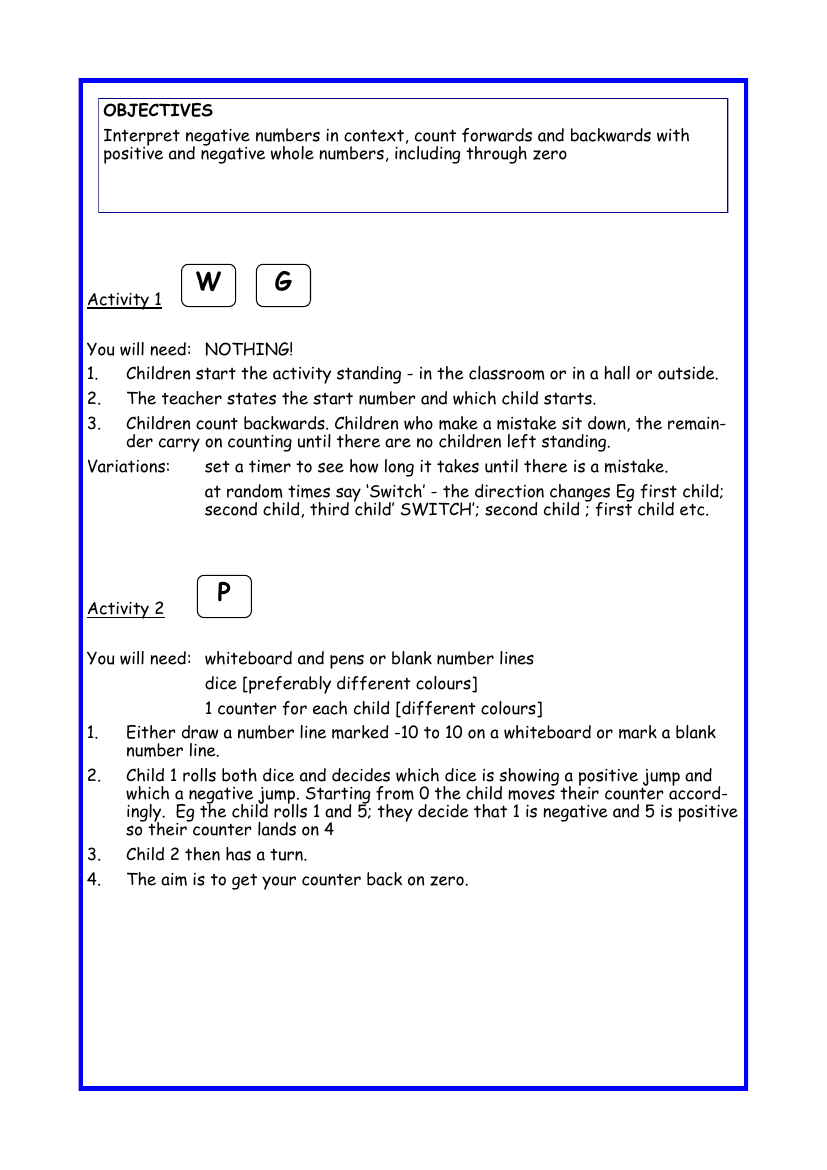 Interpreting negative numbers worksheet