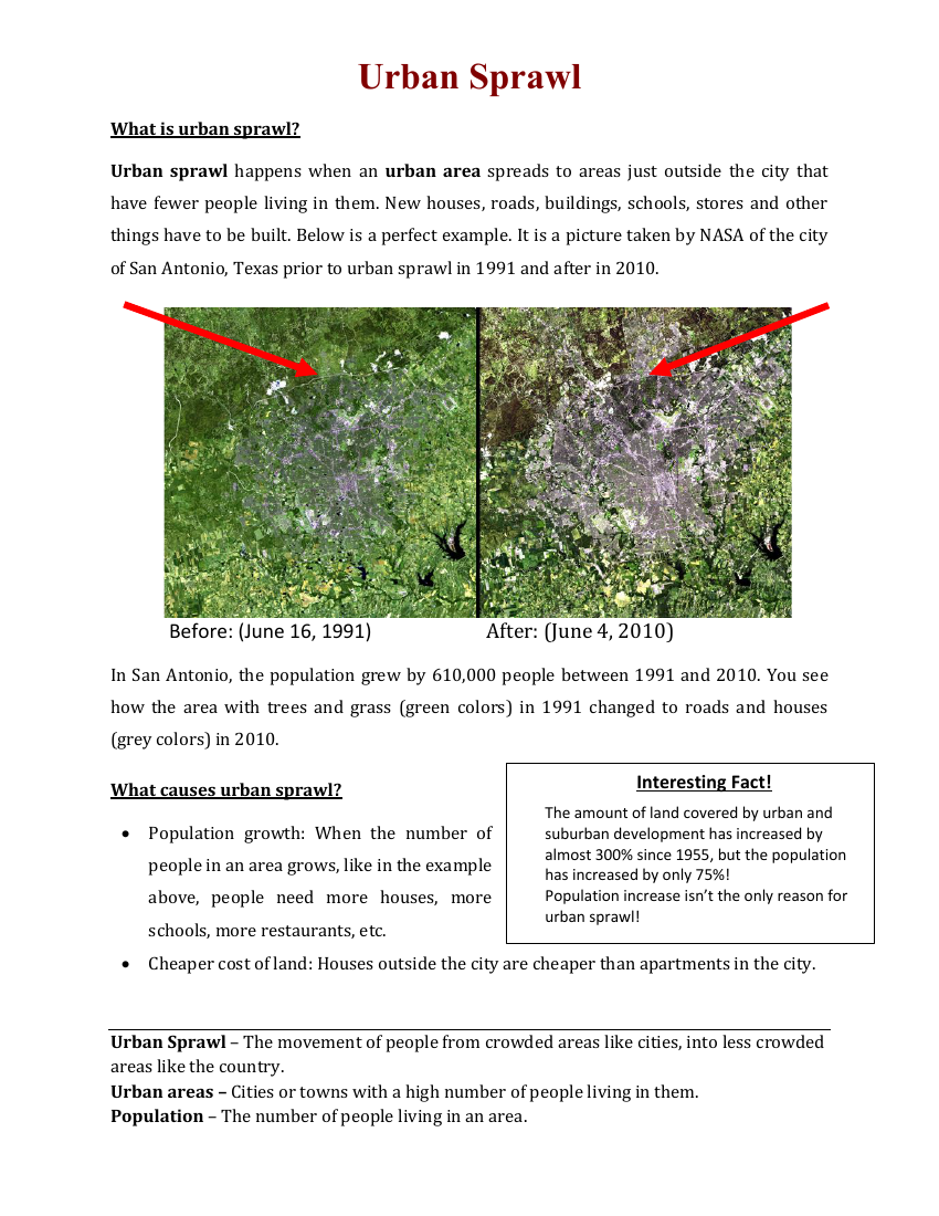 Urban Sprawl - Reading with Comprehension Questions