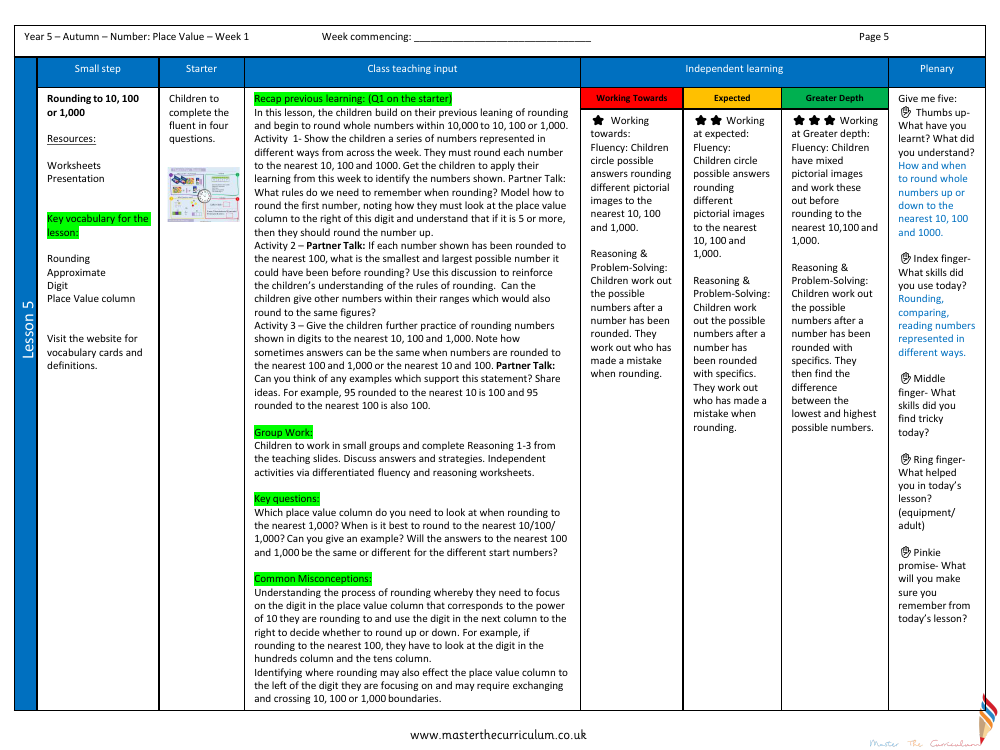Place value - Rounding to 10, 100 or 1,000 - Planning