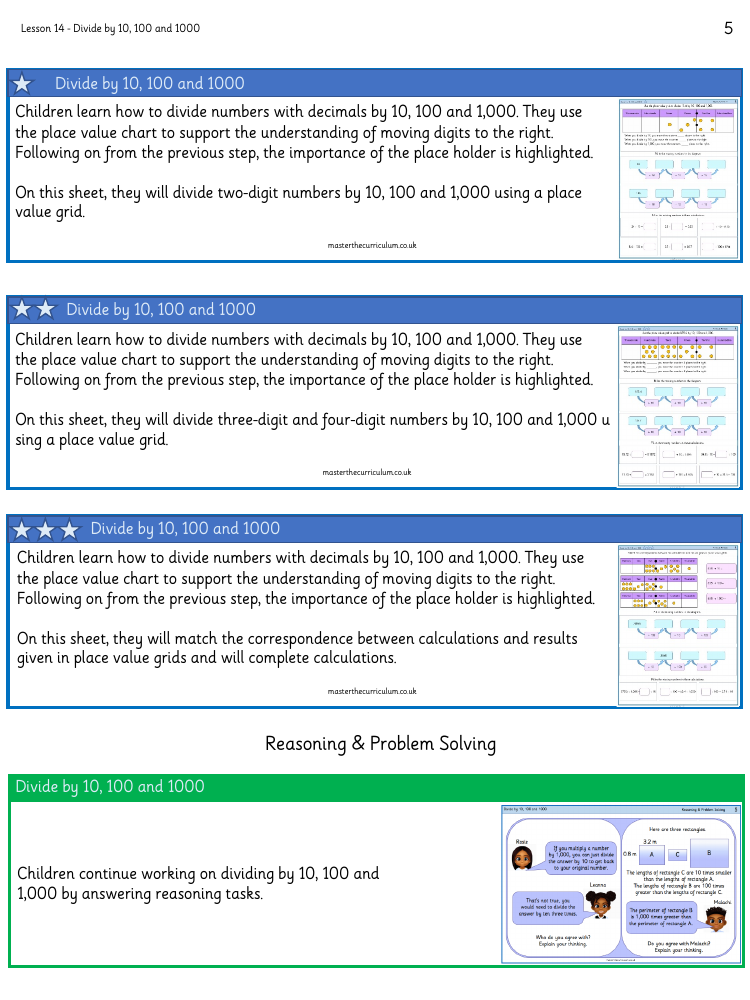 Decimals - Divide Decimals by 10, 100 and 1,000 - Worksheet