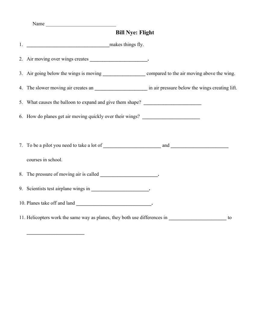 Bill Nye - Flight Worksheet with Answers | Science 7th Grade