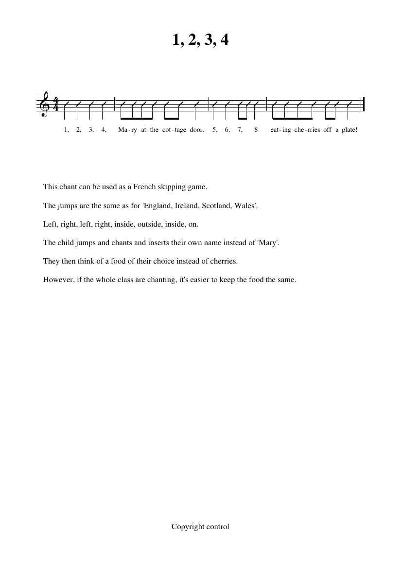 Singing Games Year 4 Notations - 1,2,3,4 french skipping