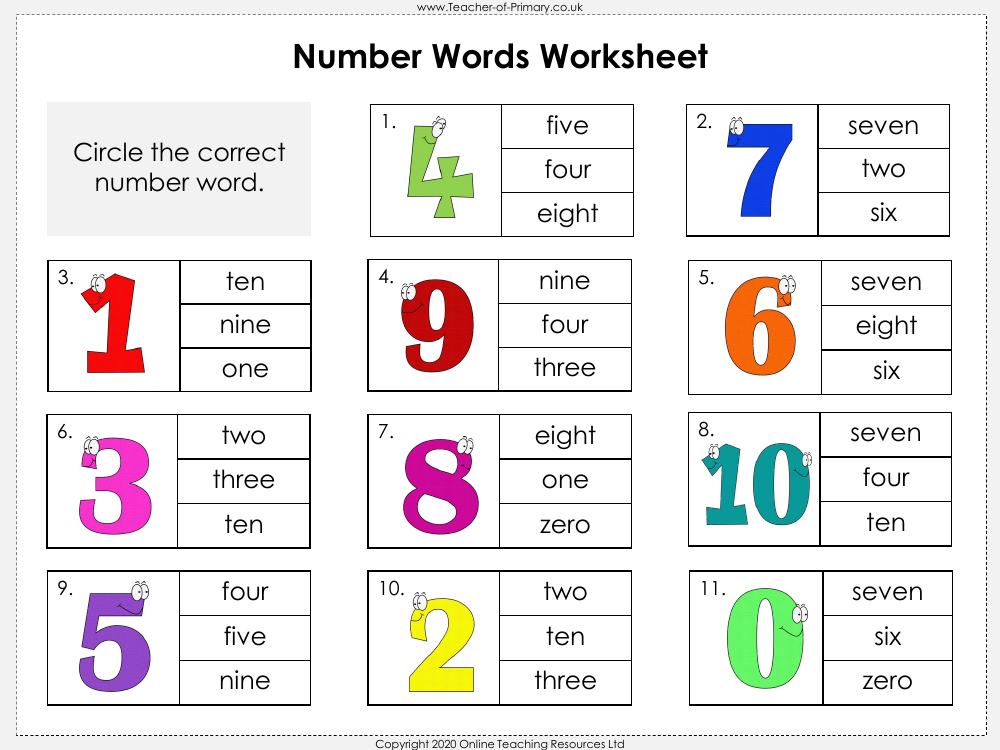 Number Words to Ten - Worksheet