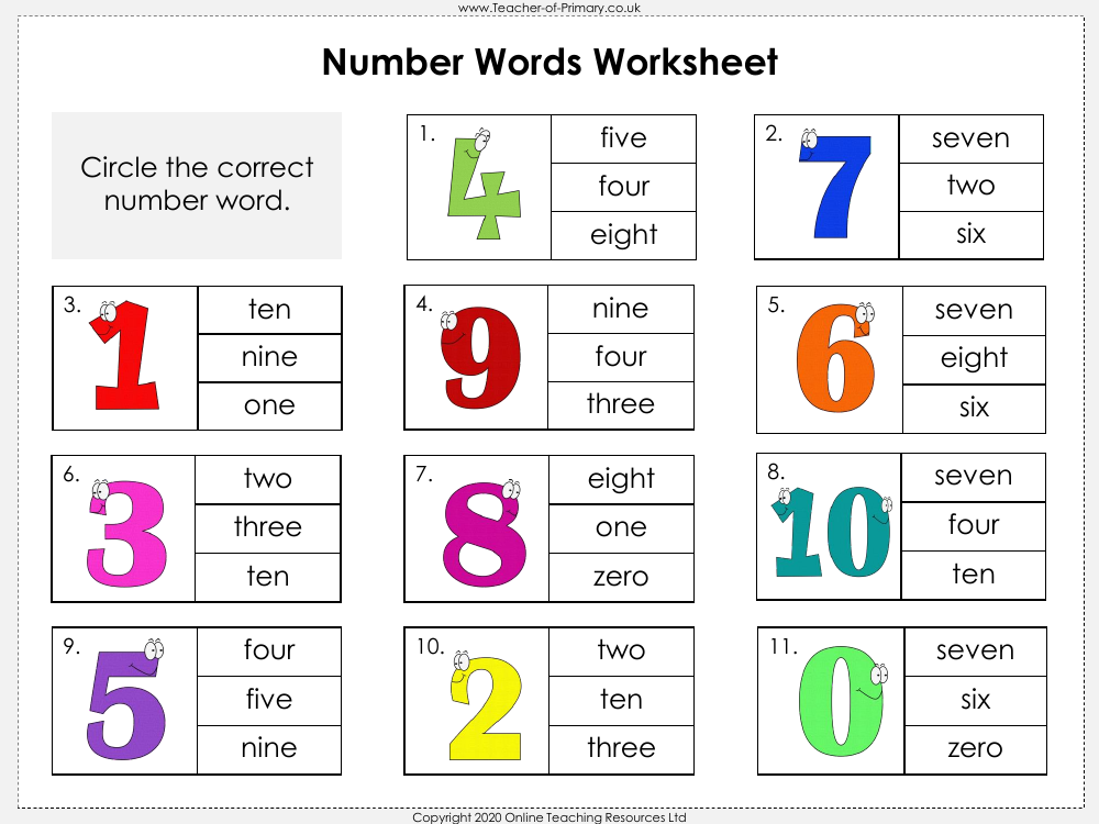 Number Words To Ten Maths Year 1