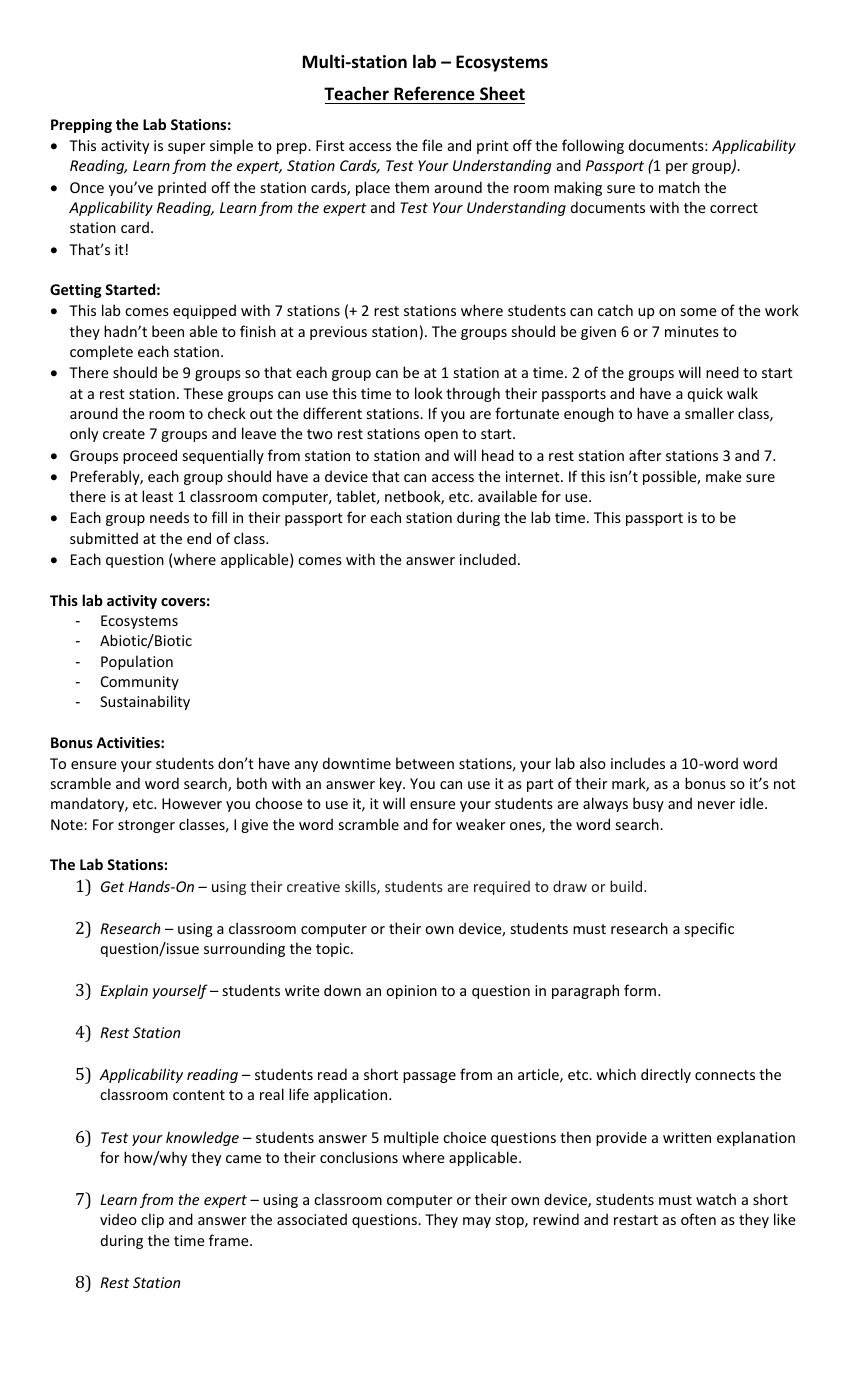 Ecosystems - Activity Instructions