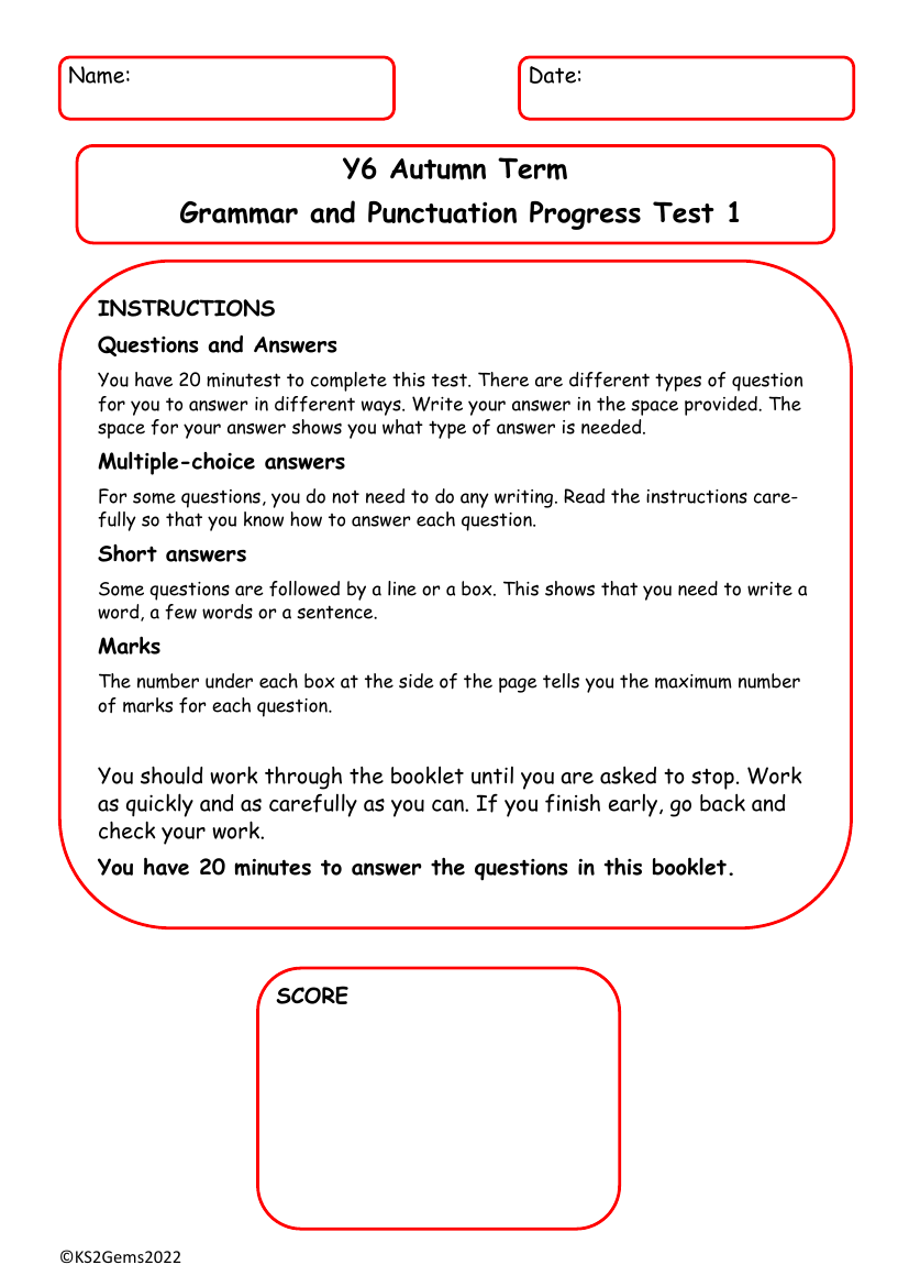 Autumn Term Grammar and Punctuation Progress Test 1