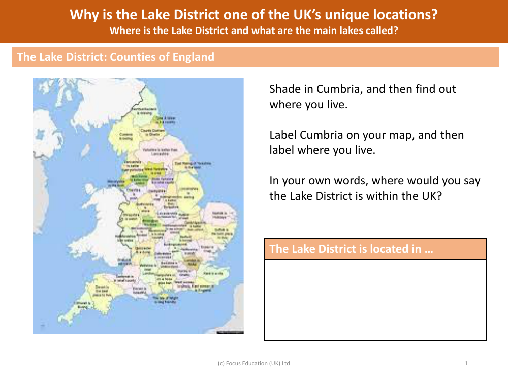 The Lake District: Counties of England - Worksheet - Year 3