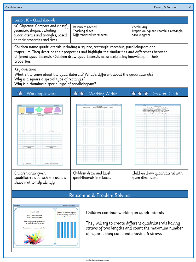 Properties of Shape - Quadrilaterals - Worksheet