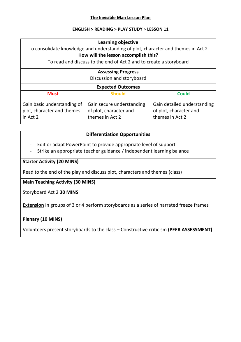 The Invisible Man - Lesson 11 - Lesson Plan