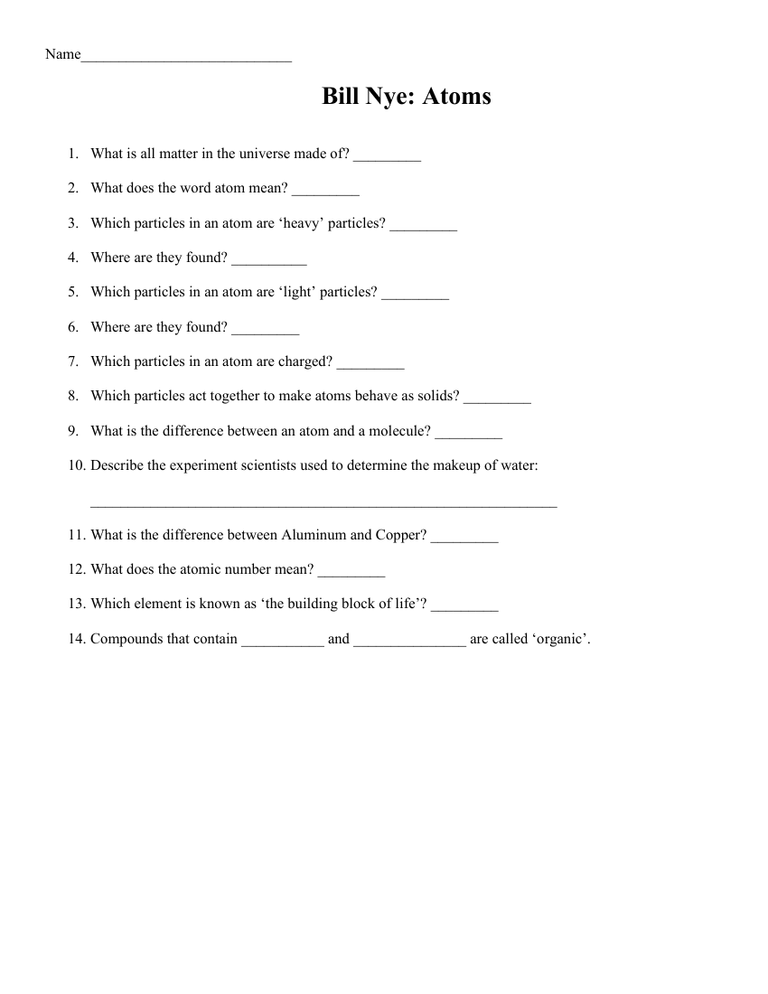 Bill Nye - Atoms Worksheet with Answers