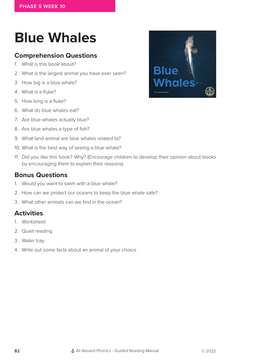 Week 10, Guided Reading "Blue Whales" - Phonics Phase 5 - Worksheet