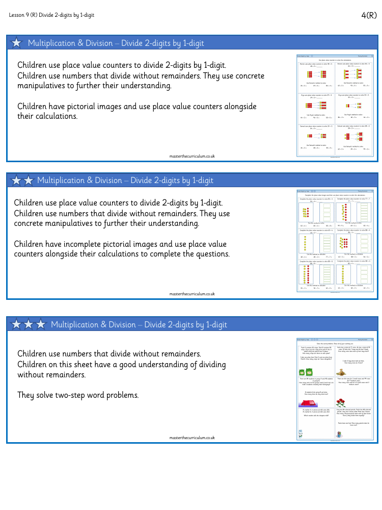 Multiplication and Division - Divide 2-digits by 1-digit (No remainders) - Worksheet