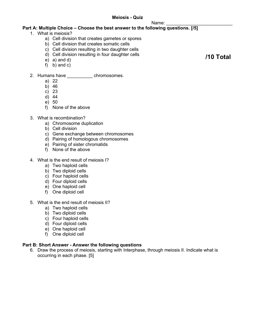 Meiosis - Quiz