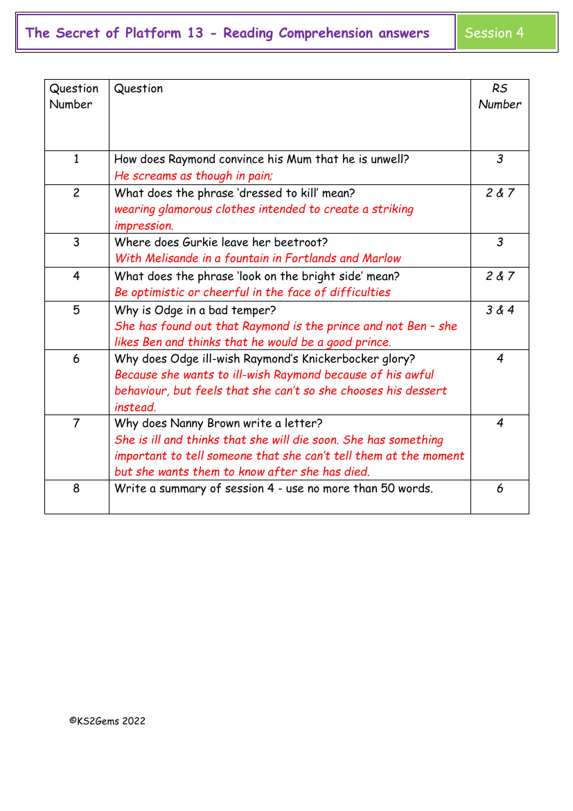 The Secret of Platform 13 - Session 4 - Reading Comprehension answers