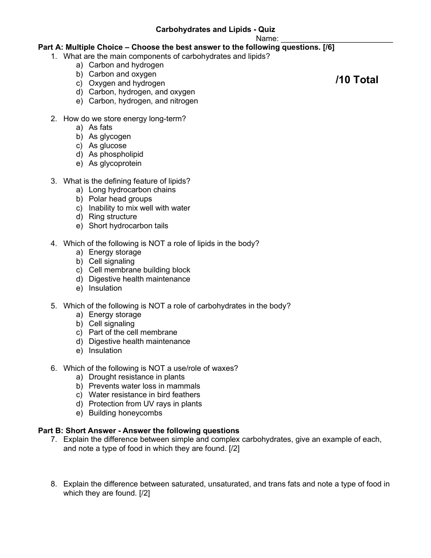 Carbohydrates and Lipids - Quiz