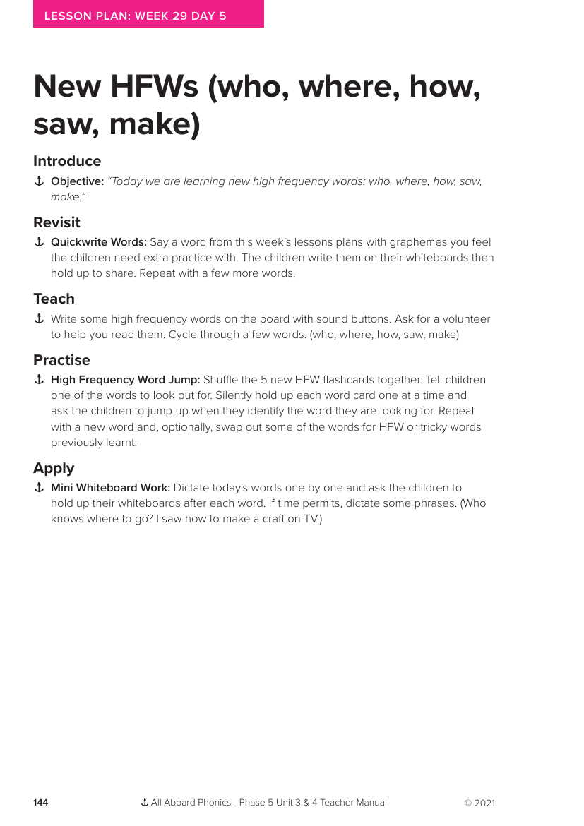 Week 29, lesson 5 New High Frequency Words (who,where,how,saw,make) - Phonics Phase 5, unit 3 - Lesson plan