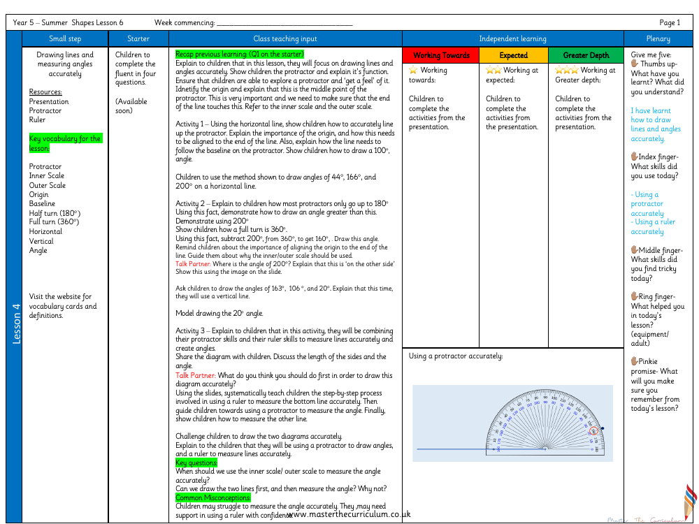 Properties of Shape - Drawing Lines and Angles Accurately (Activity) - Planning