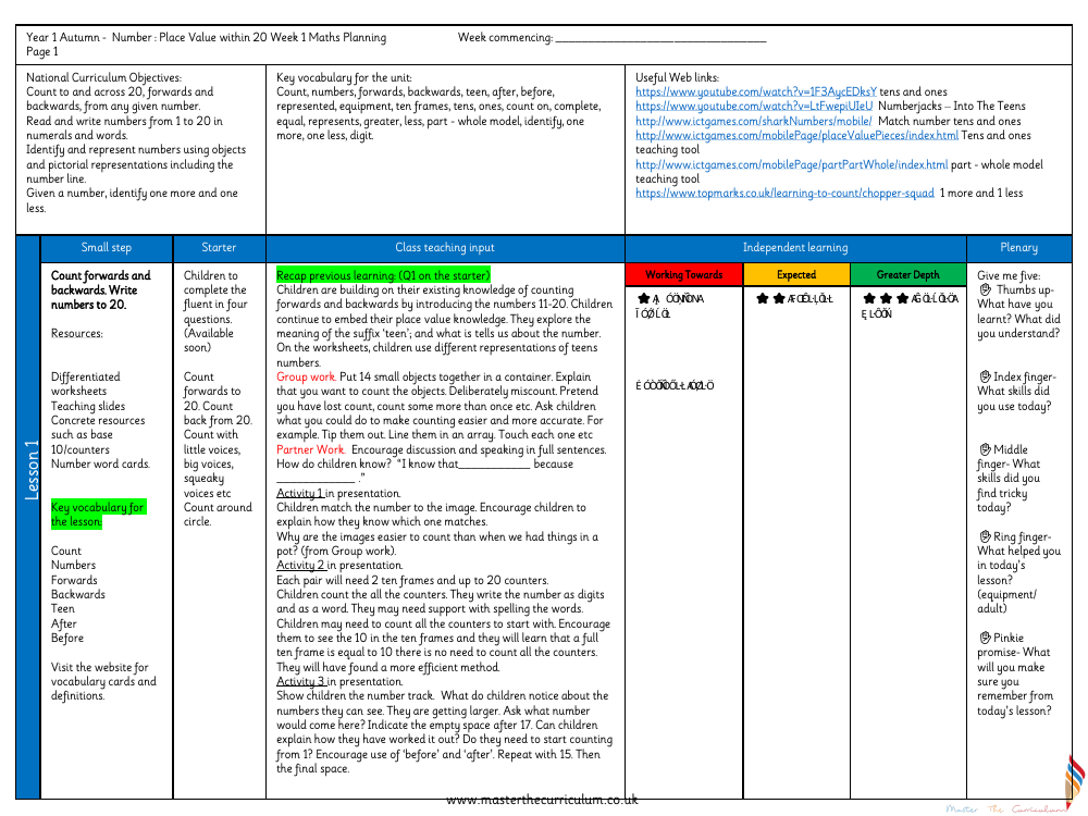 Place Value within 20 - Count and write numbers to 20 - Planning
