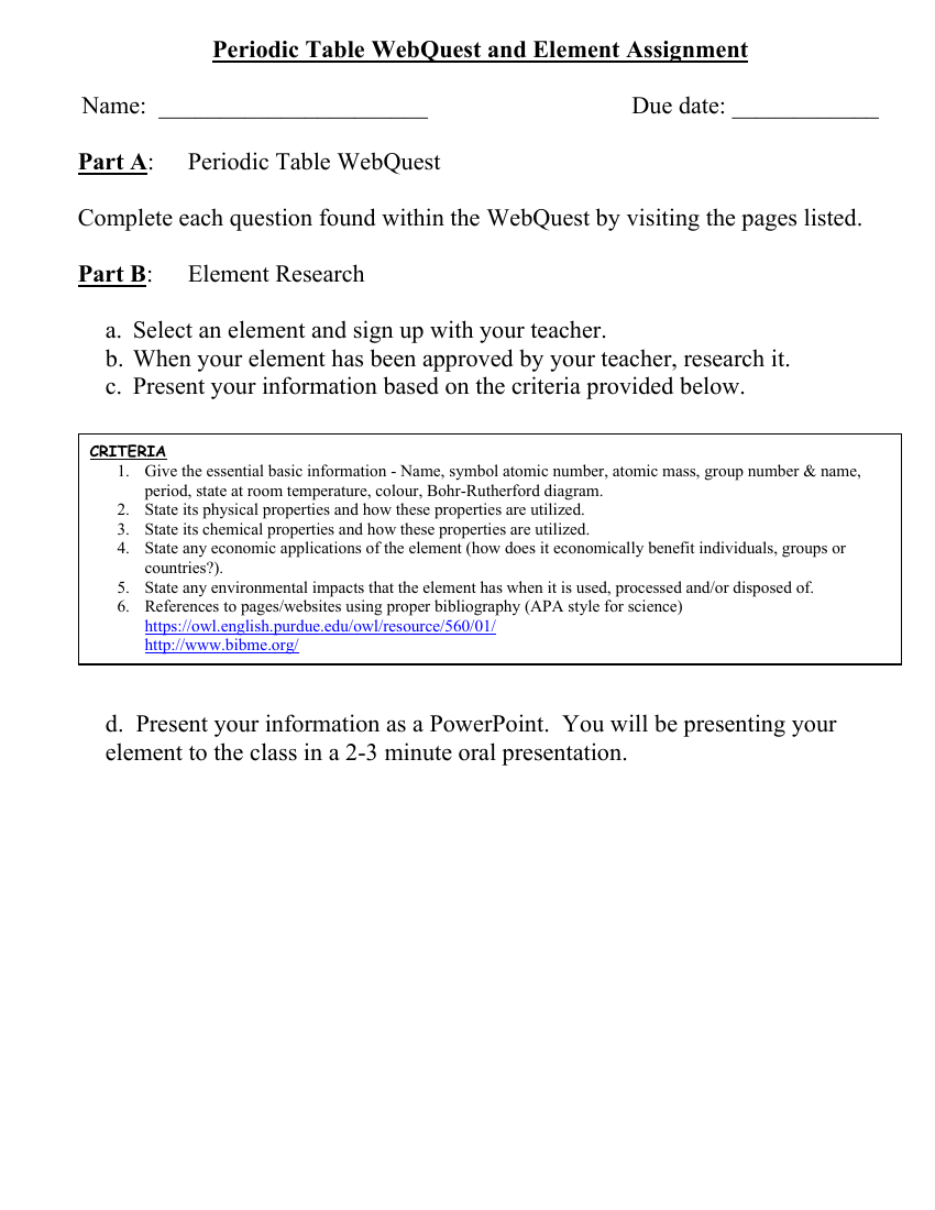 The Periodic Table - Webquest and Element Assignment