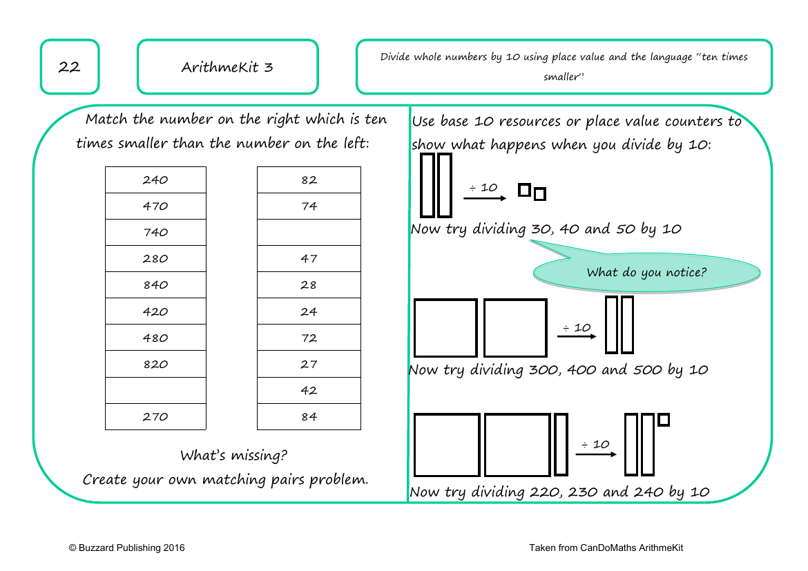 Divide whole numbers by multiples of 10 using place value and the language â€œten times smallerâ€