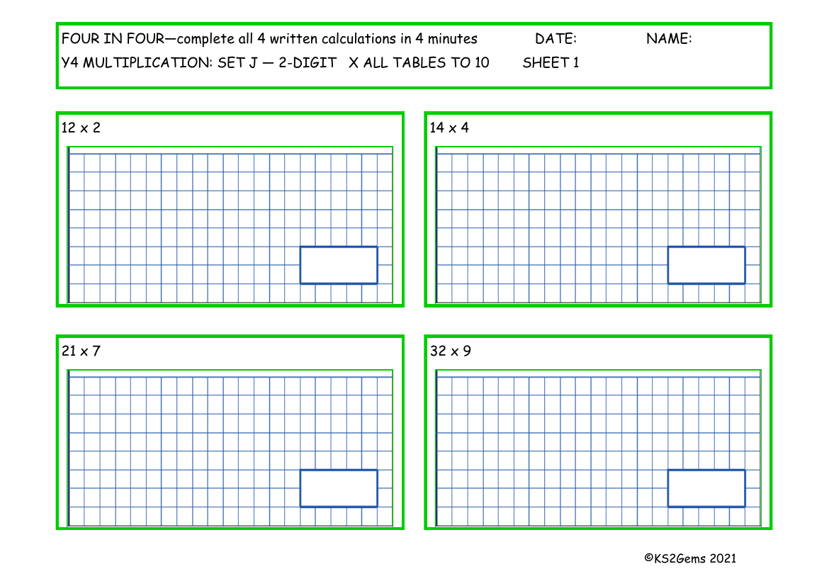 Four in Four -  Multiplication Set J 2 digit number x all tables TO 10